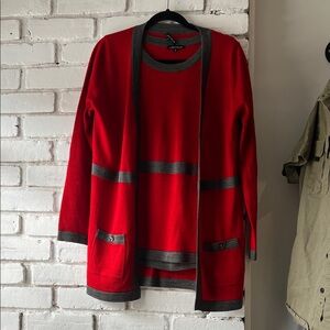 Red & Charcoal Two-Piece Knit Cardigan Set
